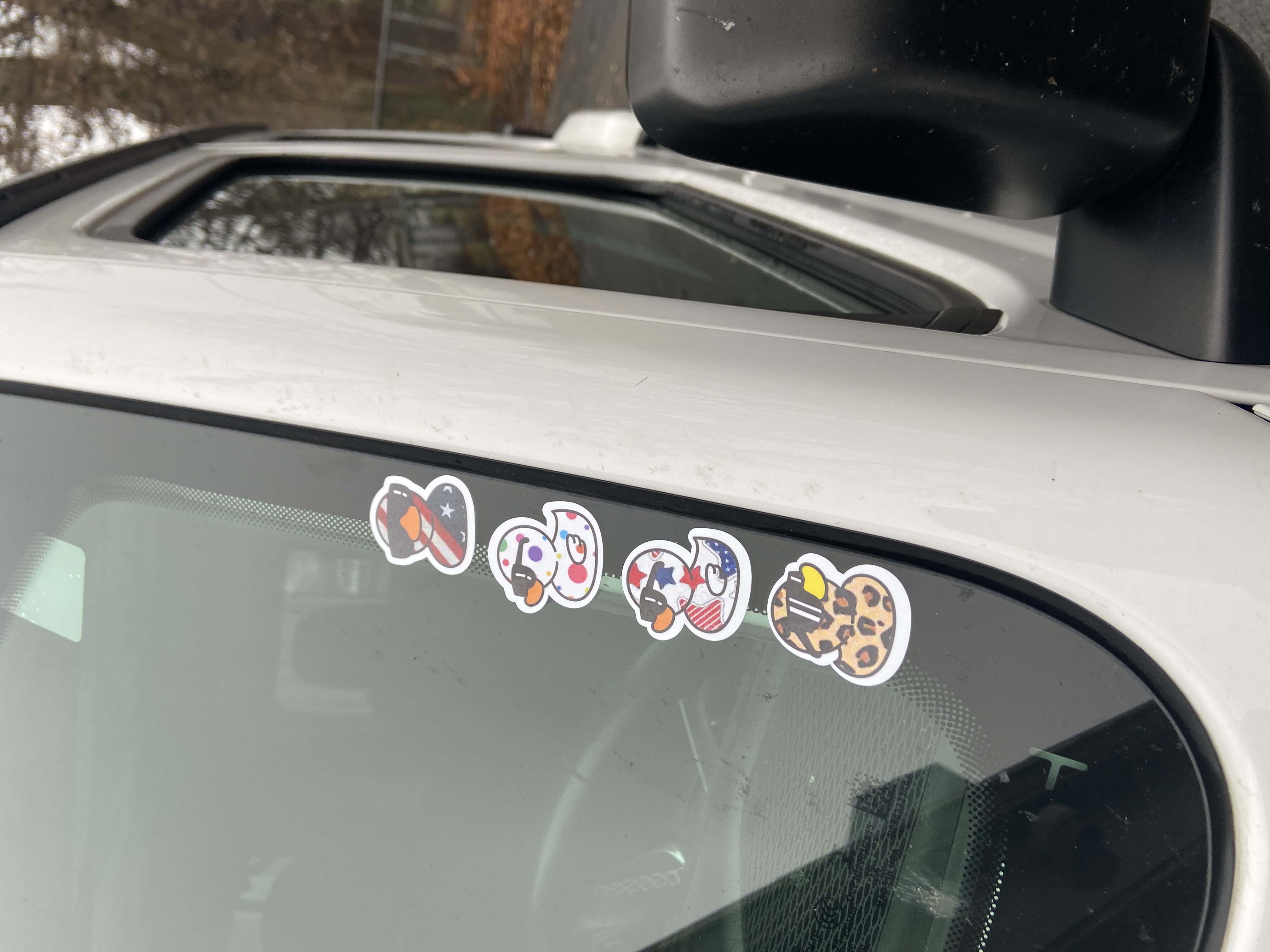 Duck Stickers On Windshield In A White Truck